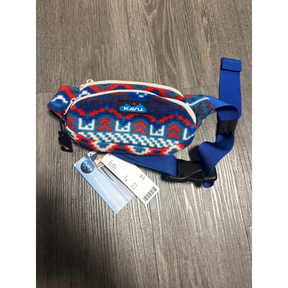 KAVU Spectator Fleece Belt Bag Blue Motif Geometric Fanny Pack NWT